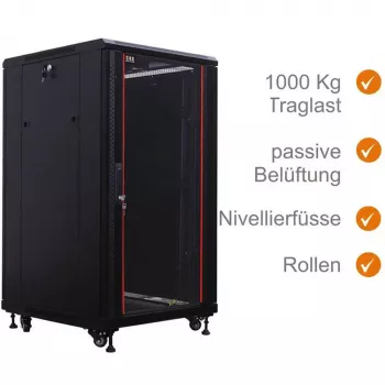 IT-BUDGET 19-Inch Network Cabinet SRK - 22U - 600x600 mm - Glass Front Door / Solid Rear Door - Flatpack - Black (90ITB19SRK2266GSN)