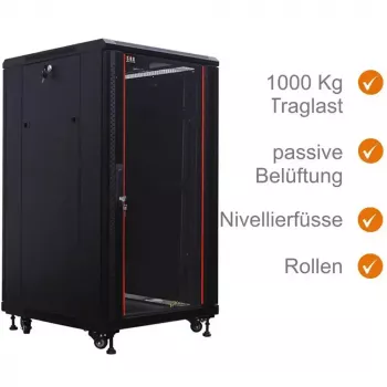 IT-BUDGET 19-Inch Network Cabinet SRK - 22U - 600x600 mm - Glass Front Door / Solid Rear Door - Flatpack - Black (90ITB19SRK2266GSN)