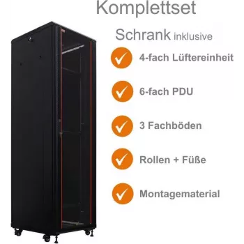 IT-BUDGET 19 inch Network Cabinet SRK Complete Set 42U 600x600mm Glass/Solid Door 4 Fans PDU Shelves Assembled Black 99ITB19SRK4266GSM