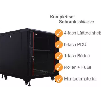 IT-BUDGET 19 inch Server Cabinet SRK Complete Set - 12U - 600x1000 mm - Glass/Solid Steel Door - 4 Active Fans - PDU - Shelves - Flatpack - Black 90ITB19SRK12610GS