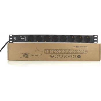 Liebernetz 19 inch Rackmount Power Strip with 8 Schuko Sockets, Surge Protection, 1U, Aluminum, Black 90LNSDL198SSP