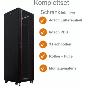 IT-BUDGET 19 inch Network Cabinet SRK Complete Set - 38U - 600x600 mm - Glass/Solid Door - 4 Active Fans - PDU - Shelves - Flatpack - Black (90ITB19SRK3866GS)