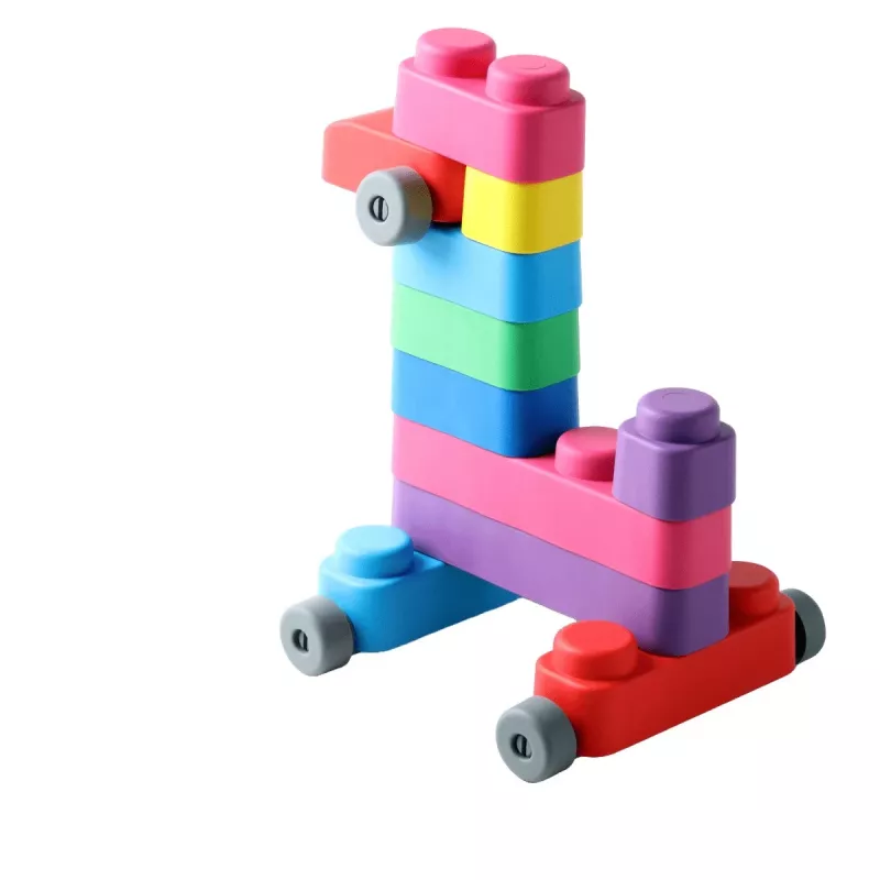 Gerardo's Toys GT3100 Soft Building Blocks Set with Wheels, 14 Pieces (10 Blocks + 4 Wheel Parts)
