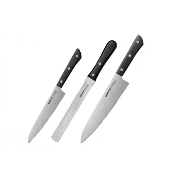 SAMURA Harakiri 3-Piece Knife Set with Paring, Utility, and Chef's Knives, AUS-8 Stainless Steel Blades, Black ABS Handles