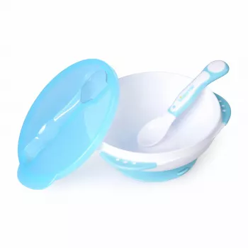 Kidsme Baby Feeding Set with Suction Bowl, Lid and Thermal Spoon, Aquamarine, 9+ Months