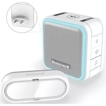 Honeywell DC515SP2L Wireless Doorbell with Plug-in Chime and Push Button, 150 m Range, 6 Melodies, White