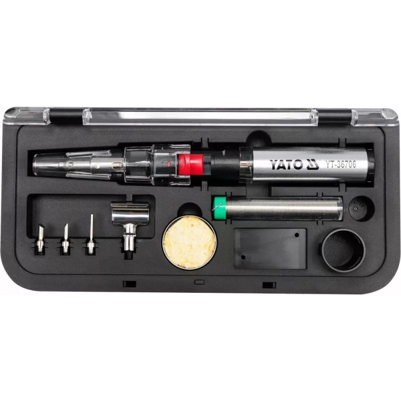 Yato YT-36706 Gas Soldering Iron 1300°C Butane Torch with Hot Air Blower, Black/Red/Stainless Steel