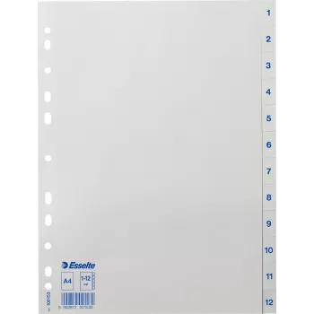 LEITZ Esselte Plastic Index Dividers, Numbered 1-12, A4, White, Universal Punching, 10 Sets (100153)