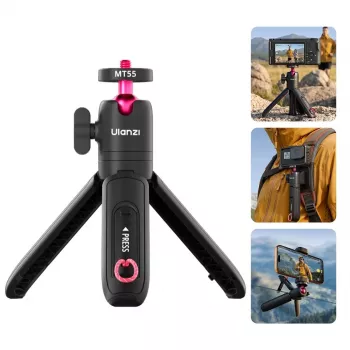 ULANZI MT-55 4-in-1 Mini Tripod Selfie Stick Hand Grip Backpack Clip with Ball Head, 1/4 inch Screw, Phone Clamp 60-85mm, Aluminum Alloy, Black