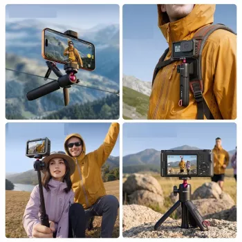 ULANZI MT-55 4-in-1 Mini Tripod Selfie Stick Hand Grip Backpack Clip with Ball Head, 1/4 inch Screw, Phone Clamp 60-85mm, Aluminum Alloy, Black