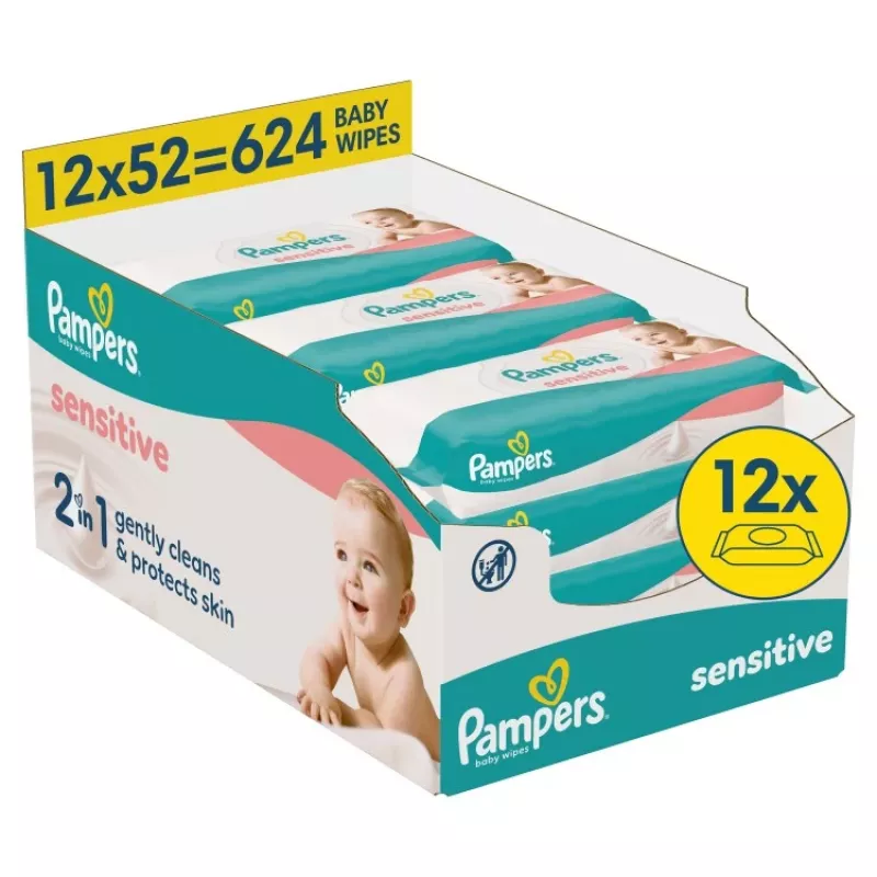 Pampers Sensitive Baby Wet Wipes, 12 Packs of 52, 624 Total, Fragrance-Free, Alcohol-Free, Dermatologically Tested