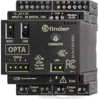 Finder Programmable Logic Relay (PLR) PLC Control Module, 24 V DC, 8 Digital Inputs, 4 Analog Inputs, 4 Relay Outputs, 8 A, LCD Display, DIN Rail Mount, 8A.04.9.024.832C