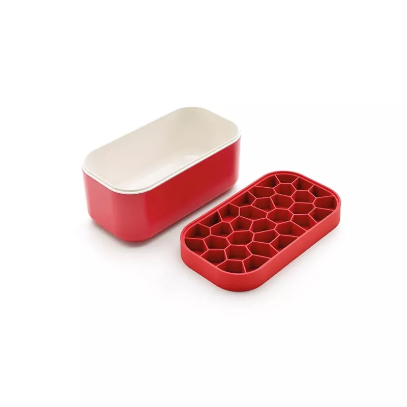LEKUE Ice Box with Lid, Red - 2.5L Ice Cube Tray & Storage Container, Makes 132 Small Ice Cubes, Platinum Silicone & PP, BPA Free, Dishwasher Safe