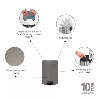 Brabantia NewIcon 5L Pedal Bin, Mineral Concrete Grey
