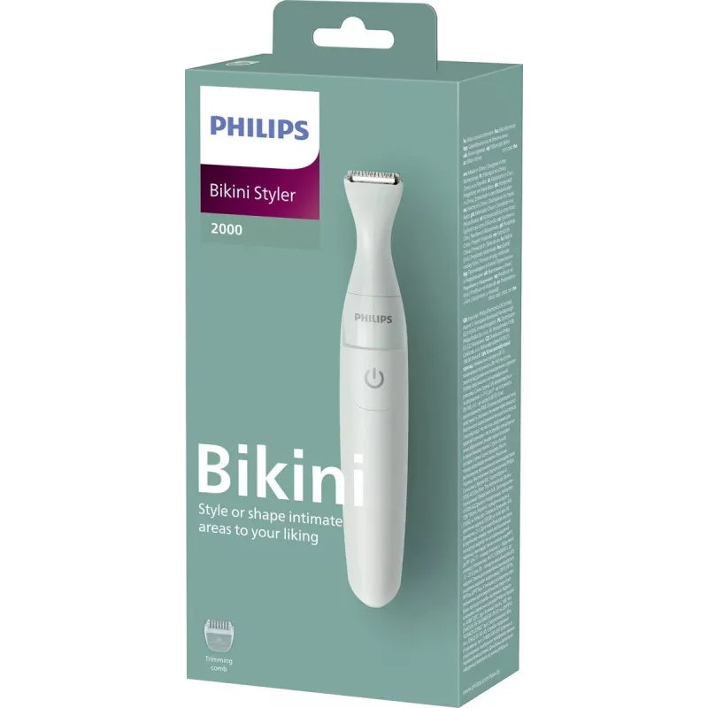 PHILIPS Essential Bikini Trimmer BRT398/15, Safe Trimming for Sensitive Areas, Wet & Dry, 3 Length Settings, Battery Operated, White with Pink Accents