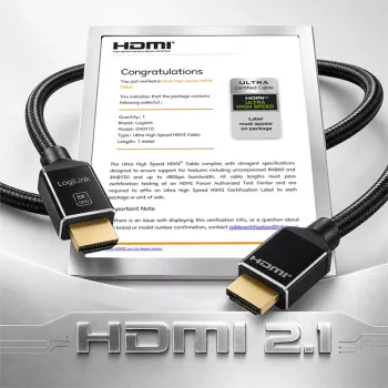 LogiLink HDMI Cable 8K/60 Hz 48 Gbps Metal Nylon Certified Black 1 m