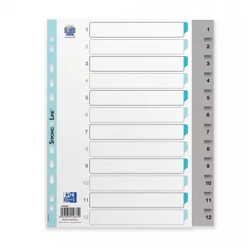 Oxford A4 Plastic Index Dividers, 12-Part, Numbered 1-12, Grey, PP 0.12 mm, Euro-Punched 400033989