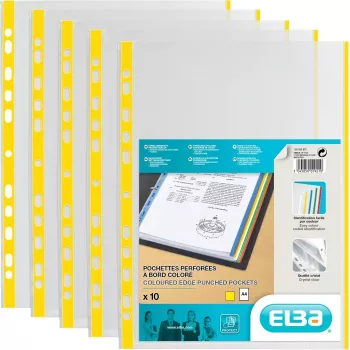 ELBA Document Sleeves DIN A4 with Coloured Edge, PP, Yellow, 0.09 mm, Crystal Clear, Top Open, Eurolochung, 100 Pack (971619-08)