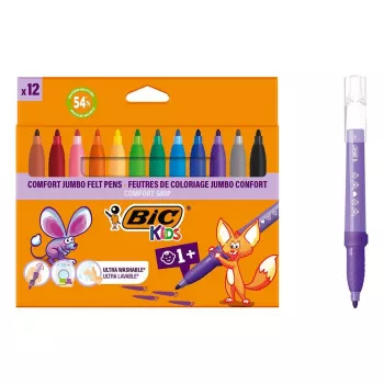 BIC KIDS Comfort Jumbo Felt Tip Pens, Assorted Colours, 12-Pack, 1.4 mm Tip, Washable 517250