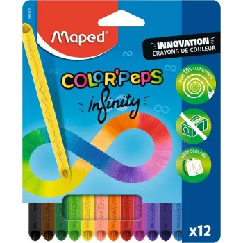 Maped COLOR'PEPS INFINITY Triangular Coloured Pencil Set, 12 Assorted Colours, Lasts 10x Longer, 100% Pigment Core, Reusable Case 861602