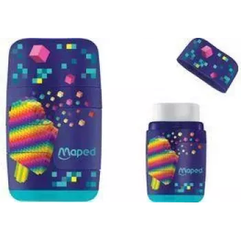 Maped Pixel Party Eraser & Sharpener Combo, Dual Hole, Translucent Shavings Container, Assorted Colours 049223