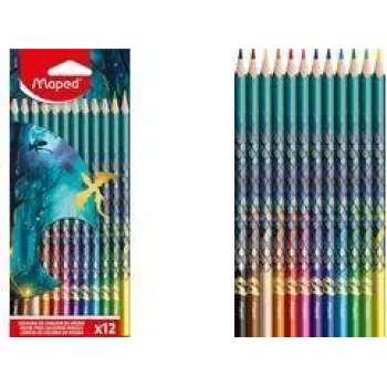Maped DRAGON Triangular Colouring Pencils, 12 Assorted Colours, Break-Resistant Soft Lead, Dragon Motif Cardboard Case 862234