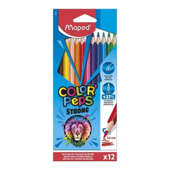 Maped COLOR'PEPS STRONG Triangular Colored Pencils, 12 Assorted Colors, 3.2 mm Break-Resistant Lead, Cardboard Case 862712