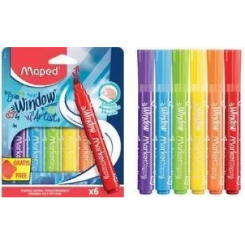 Maped MARKER'PEPS Window Markers, 6 Assorted Colours, 2 mm Round Tip, Cardboard Case 844822