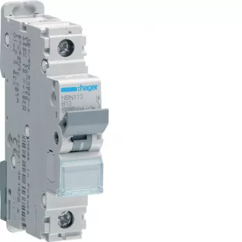 Hager NBN113 1-Pole 13A B-Curve 10kA Miniature Circuit Breaker (MCB), 1 Module