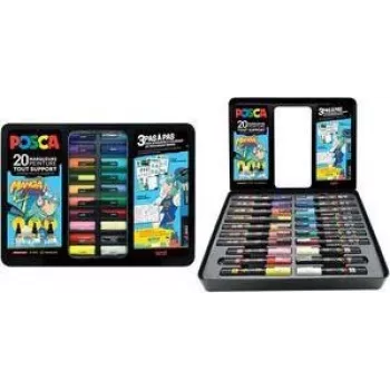 POSCA Pigment Marker MANGA HERO Set, 20 Markers in Metal Box (6 x PC1MC, 7 x PC3M, 7 x PC5M) M POSCA/20019