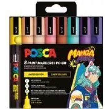 POSCA PC-5M Pigment Marker Set, 8 Colours, Manga Hero, Medium Round Tip, Waterproof, Lightfast, Odorless PC5M/8APF ASS74