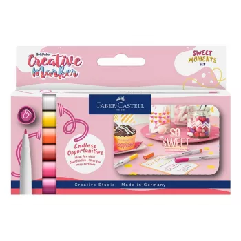 Faber-Castell Goldfaber Creative Marker Set, 6 Colours, Sweet Moments, Water-Based Ink, Odorless, Smudge-Proof, Dual-Tip Brush and Bullet Nib, Reusable Case 160602