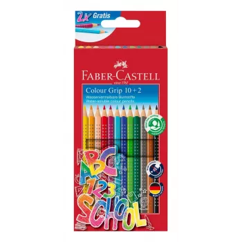 Faber-Castell Colour GRIP Triangular Coloured Pencils, Assorted Colours, 10 Pieces, Soft-Grip Zone, Break-Resistant 3.3 mm Lead, Water-Based Varnish, Promo Case 201585