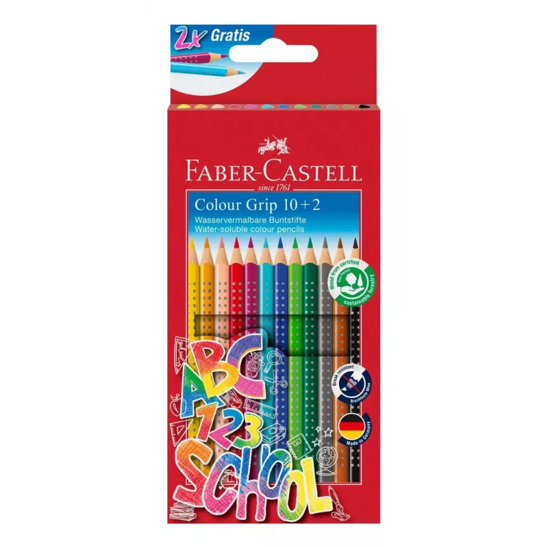 Faber-Castell Colour GRIP Triangular Coloured Pencils, Assorted Colours, 10 Pieces, Soft-Grip Zone, Break-Resistant 3.3 mm Lead, Water-Based Varnish, Promo Case 201585