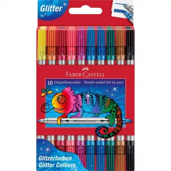 FABER-CASTELL Glitter Dual-Tip Fibre Pens, 10 Assorted Colours, Washable, 3-5 mm & 1 mm Tips 151107