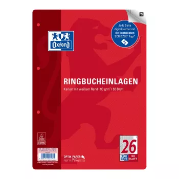 Oxford Ring Binder Refill Paper A4 Squared 50 Sheets 4-Hole Punched with Margin White 400131580