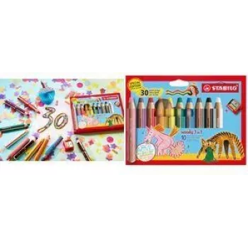STABILO woody 3 in 1 Multitalent Pencil, 10-Piece Tin Case, 30 Years Anniversary Edition, Round, Assorted Colours EO880/10-3