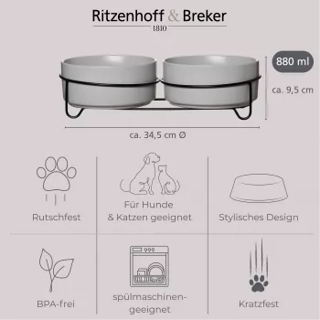 Ritzenhoff & Breker TARO Double Pet Bowl Set, 880 ml, Grey Stoneware with Black Metal Stand 450521