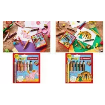 STABILO woody 3 in 1 Multitalent Pencil, 6-Piece Tiger Round Pencil Case Set, Colored Pencil, Watercolor and Wax Crayon in One EO8806-4-2