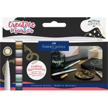 Faber-Castell Creative Marker Goldfaber Metallic Moments, 6-Piece Set, Water-Based Ink, Odorless, Smudge-Proof, Assorted Metallic Colours 161107