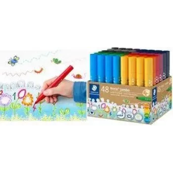 STAEDTLER Noris Jumbo 328-B KP48 Felt-Tip Pens, 48 Assorted Colours, 3.0 mm Fibre Tip, Triangular Barrel, Washable Ink, Ventilated Cap, Reusable Tub