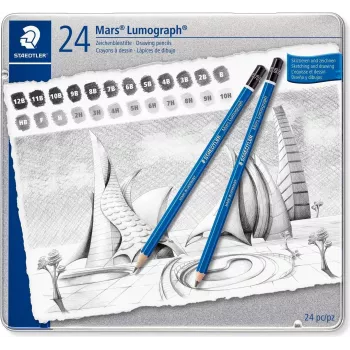STAEDTLER Mars Lumograph 100 G24 Drawing Pencil Set, 24 Assorted Grades in Metal Tin, Blue Hexagonal