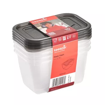 keeeper fredo fresh Food Storage Container Set, 4 x 0.75 L, Rectangular, Transparent with Grey Lids 3067382700000