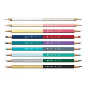 CARAN D'ACHE Bicolor Alpine Frost Water-Soluble Colored Pencils Set, 9 Pencils (18 Colours) + Brush, Metal Tin CC0999.025