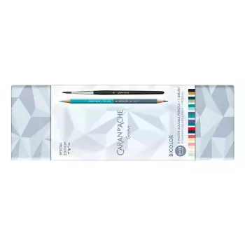 CARAN D'ACHE Bicolor Alpine Frost Water-Soluble Colored Pencils Set, 9 Pencils (18 Colours) + Brush, Metal Tin CC0999.025