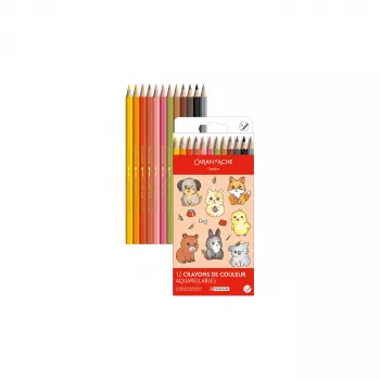 CARAN D'ACHE Swisscolor Kawaii Animals Water-Soluble Coloured Pencils, Set of 12, Cedar Wood, Hexagonal 1285.803