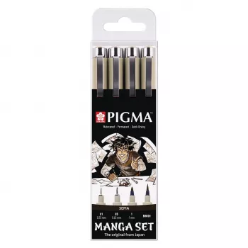 SAKURA Pigma Micron Manga Set Sepia 4-Piece Fineliner & Brush Pen Kit in Reusable Case POXSDKMAN4