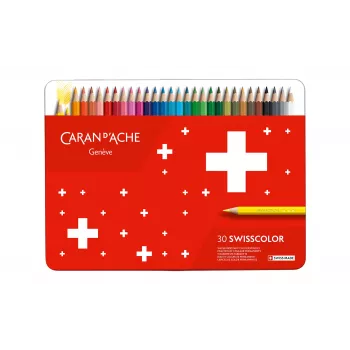 CARAN D'ACHE Swisscolor Water-Resistant Coloured Pencils, 30 Assorted Colours, Cedar Wood, Hexagonal, Metal Tin 1284.730