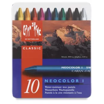 Caran d'Ache Neocolor I Wax Pastels, Set of 10, Round, Paper Sleeves, Homogeneous Colors 7000.310