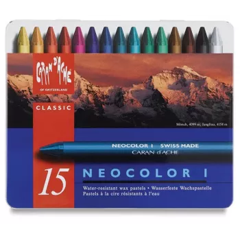 Caran d'Ache Neocolor I Wax Pastels, 15 Assorted Colours, Round, Paper Sleeve, Metal Tin 7000.315